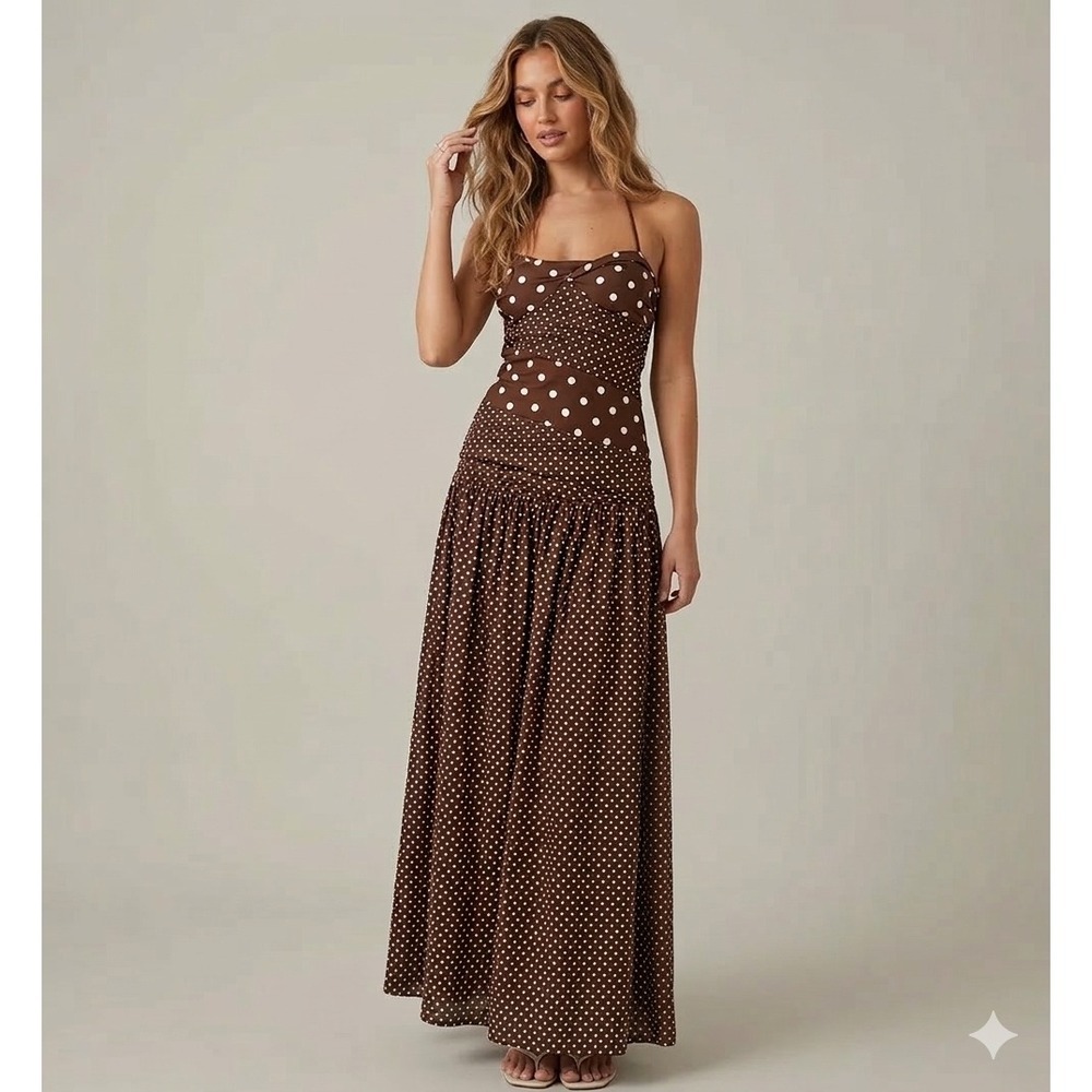 SOLD Princess Polly Marguerite Brown Polka Dot Halter Maxi Dress Ruched Tiered 2